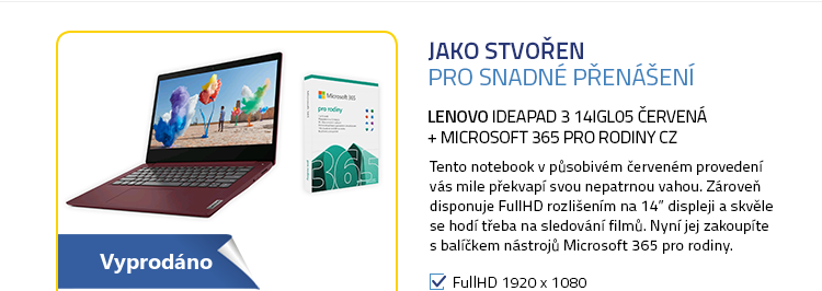 Notebook Lenovo IdeaPad 3 14IGL05 červená + Microsoft 365 pro rodiny CZ