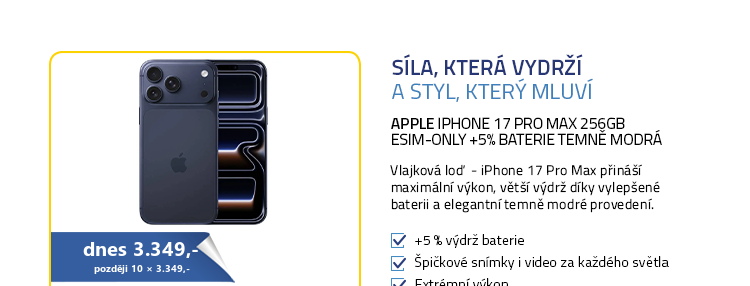 Apple iPhone 17 Pro Max 256GB eSIM-only +5% baterie temně modrá